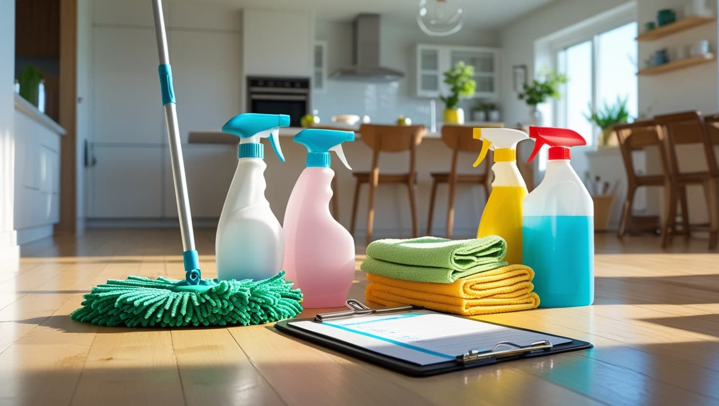 Spring cleaning supplies and checklist on a clean kitchen counter